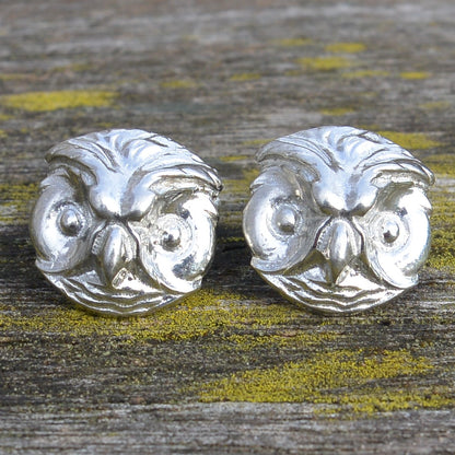 Owl Head Cufflinks, Handcast Pewter Cufflinks, Polished Finish