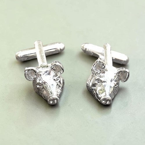 Pig Head Cufflinks, Handcast Pewter Cufflinks, Polished Finish