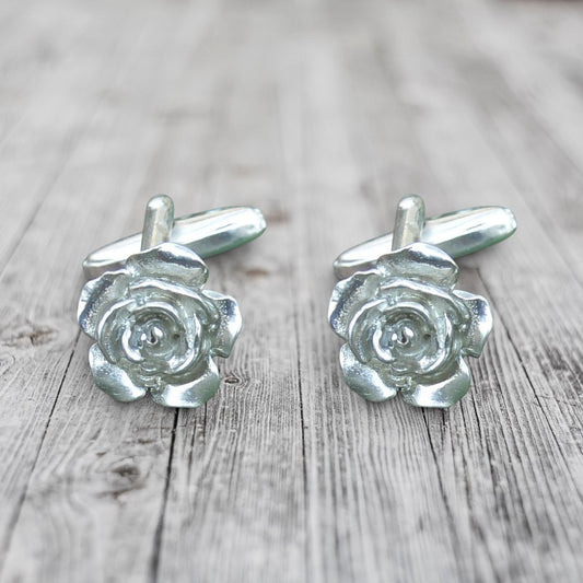 Rose Cufflinks, Handcast Pewter Cufflinks, Polished Finish
