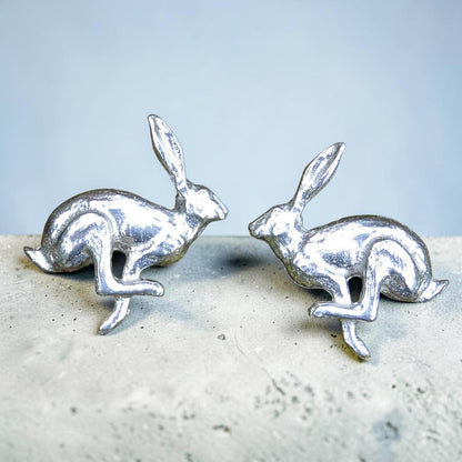 Running Hare Cufflinks, Handcast Pewter Cufflinks, Polished Finish