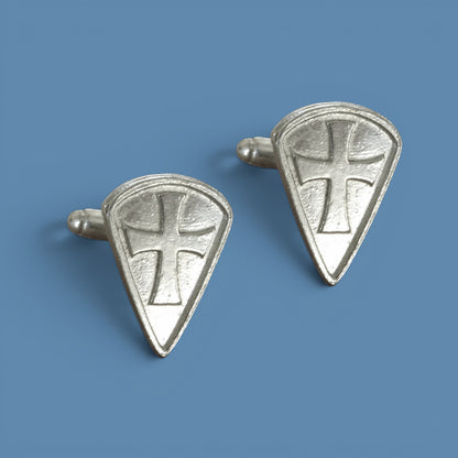 Knights Templar Cufflinks (Long Shield, Raised Cross), Handcast Pewter Cufflinks, Polished Finish