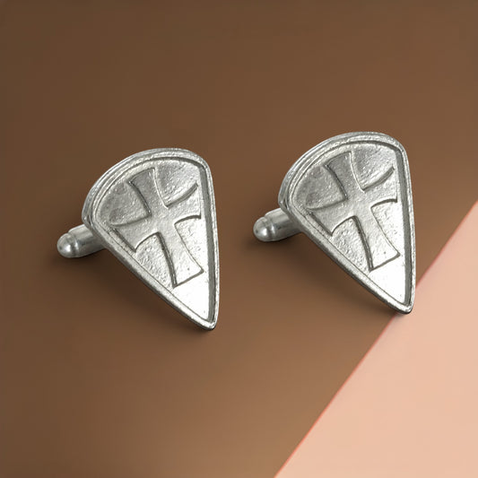 Knights Templar Cufflinks (Long Shield, Raised Cross), Handcast Pewter Cufflinks, Polished Finish