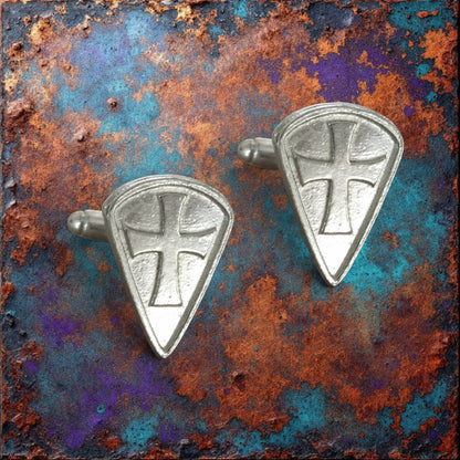 Knights Templar Cufflinks (Long Shield, Raised Cross), Handcast Pewter Cufflinks, Polished Finish