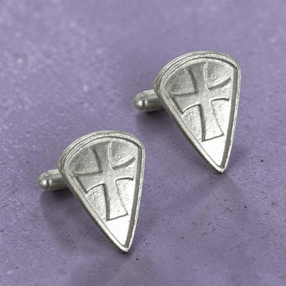 Knights Templar Cufflinks (Long Shield, Raised Cross), Handcast Pewter Cufflinks, Polished Finish