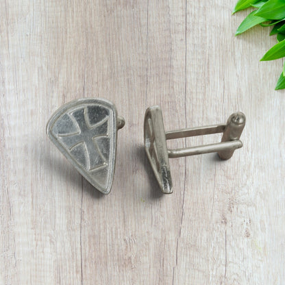 Knights Templar Cufflinks (Long Shield, Raised Cross), Handcast Pewter Cufflinks, Polished Finish