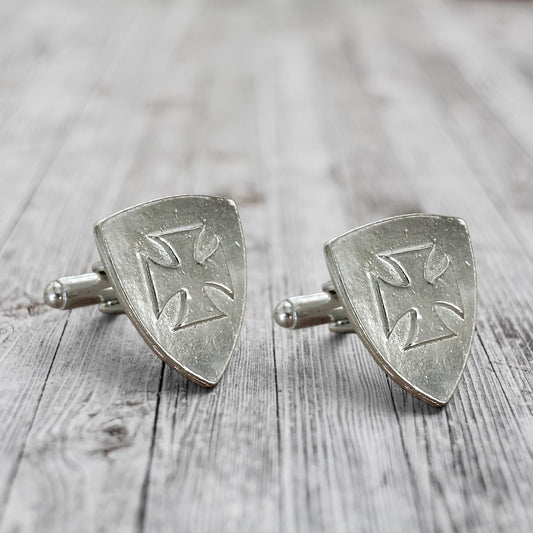 Knights Templar Cufflinks (Raised Cross), Handcast Pewter Cufflinks, Polished Finish
