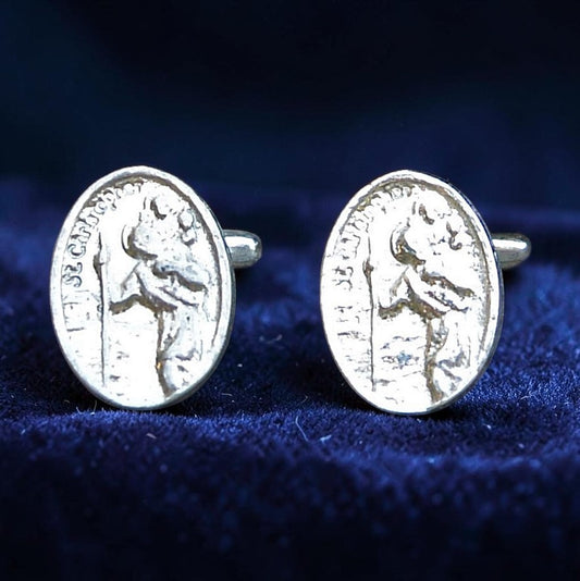 St Christopher Cufflinks, Handcast Pewter Cufflinks, Polished Finish