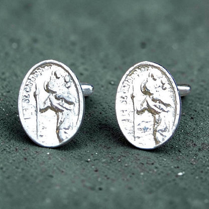 St Christopher Cufflinks, Handcast Pewter Cufflinks, Polished Finish