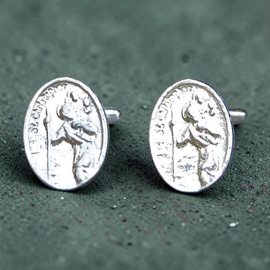 St Christopher Cufflinks, Handcast Pewter Cufflinks, Polished Finish