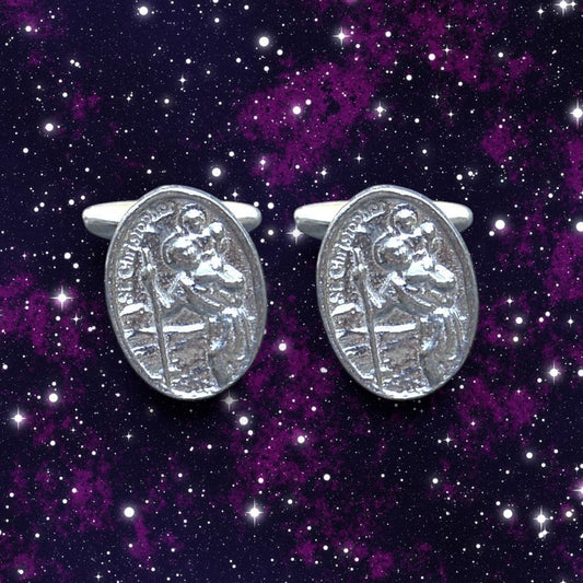 St Christopher Cufflinks, Handcast Pewter Cufflinks, Polished Finish