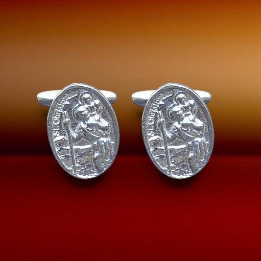 St Christopher Cufflinks, Handcast Pewter Cufflinks, Polished Finish