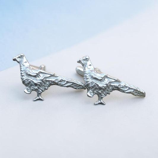 Pheasant Cufflinks, Handcast Pewter Cufflinks, Polished Finish