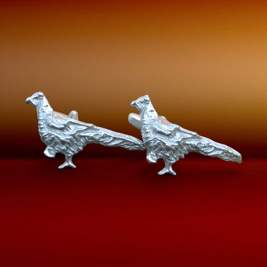 Pheasant Cufflinks, Handcast Pewter Cufflinks, Polished Finish