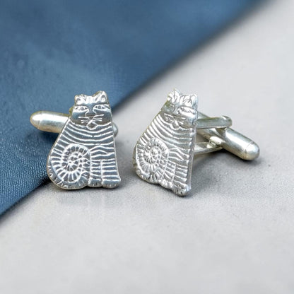 Striped Cat Cufflinks, Handcast Pewter Cufflinks, Polished Finish