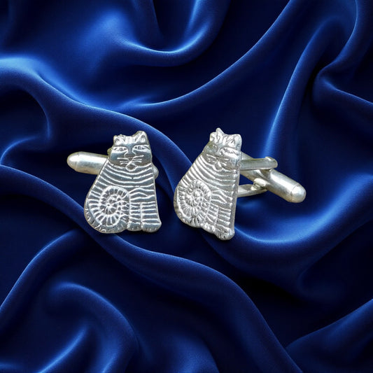 Striped Cat Cufflinks, Handcast Pewter Cufflinks, Polished Finish