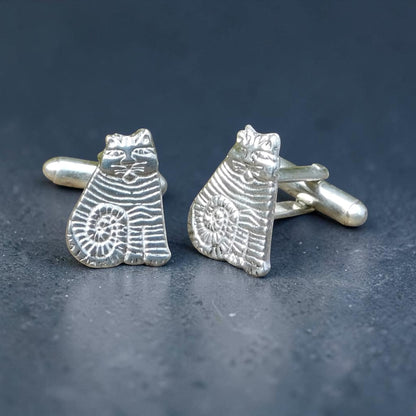 Striped Cat Cufflinks, Handcast Pewter Cufflinks, Polished Finish