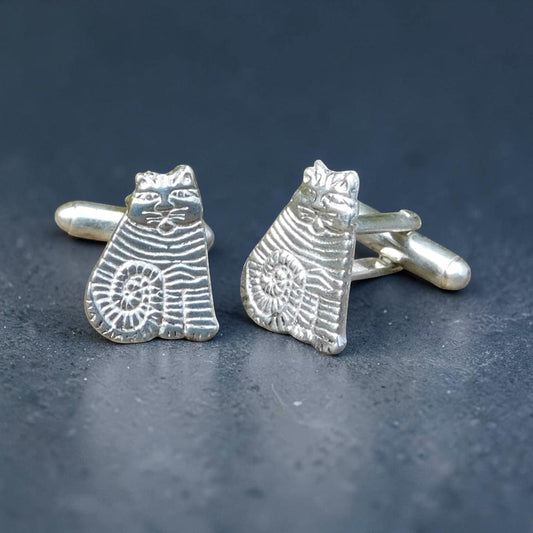 Striped Cat Cufflinks, Handcast Pewter Cufflinks, Polished Finish