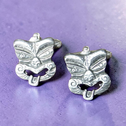 Maori Tiki Cufflinks, Handcast Pewter Cufflinks, Polished Finish