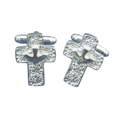 Cross and Dove Cufflinks, Handcast Pewter Cufflinks, Polished Finish