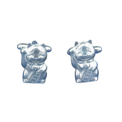 Beckoning Cat Cufflinks (Maneki Neko), Handcast Pewter Cufflinks, Polished Finish