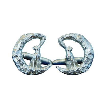 Hare and Moon Cufflinks (Forward Facing), Handcast Pewter Cufflinks, Polished Finish