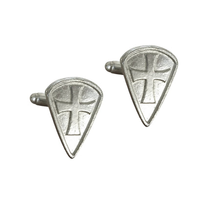 Knights Templar Cufflinks (Long Shield, Raised Cross), Handcast Pewter Cufflinks, Polished Finish