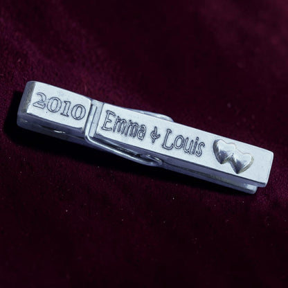 Personalised Clothes Peg Fridge Magnet, Pewter Peg with Names and Date