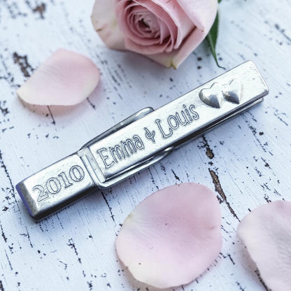 Personalised Clothes Peg Fridge Magnet, Pewter Peg with Names and Date