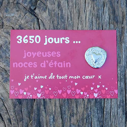 Cœur Unique Noces d’Étain, 3650 Jours de Mariage, Jeton Gravé en Étain sur Carte