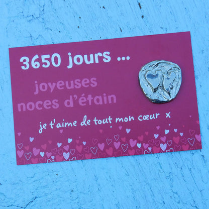 Double Cœur Noces d’Étain, 3650 Jours de Mariage, Jeton Couple en Étain sur Carte