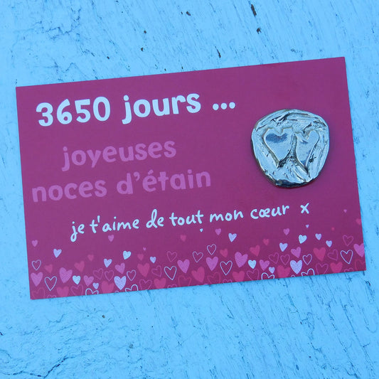 Double Cœur Noces d’Étain, 3650 Jours de Mariage, Jeton Couple en Étain sur Carte