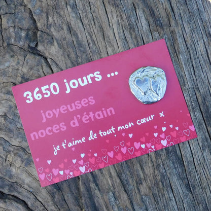Double Cœur Noces d’Étain, 3650 Jours de Mariage, Jeton Couple en Étain sur Carte