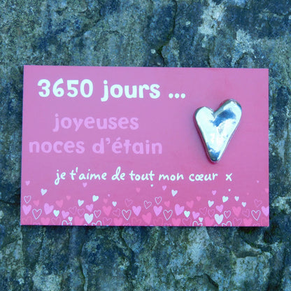 Cœur Lisse Noces d’Étain, 3650 Jours de Mariage, Jeton en Étain sur Carte