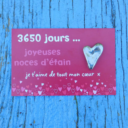Cœur Lisse Noces d’Étain, 3650 Jours de Mariage, Jeton en Étain sur Carte