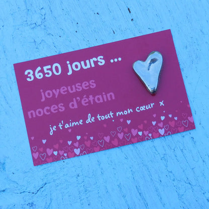 Cœur Lisse Noces d’Étain, 3650 Jours de Mariage, Jeton en Étain sur Carte