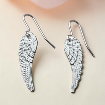Angel Wing Earrings, Handmade Pewter Drop Earrings, Polished Finish