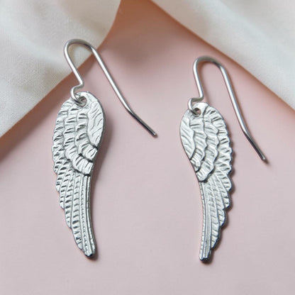 Angel Wing Earrings, Handmade Pewter Drop Earrings, Polished Finish