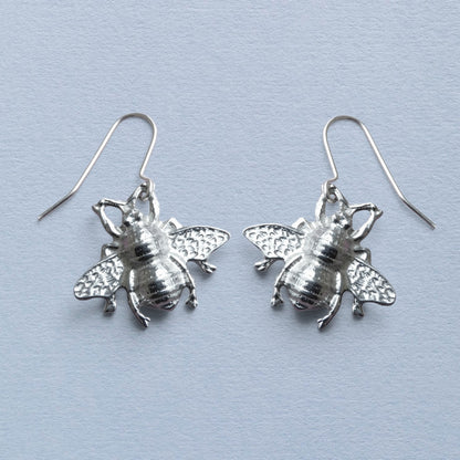 Bee Earrings, Handmade Pewter Drop Earrings, Polished Finish