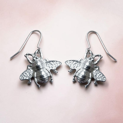 Bee Earrings, Handmade Pewter Drop Earrings, Polished Finish