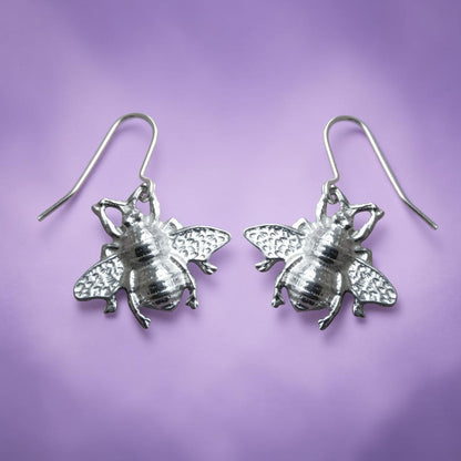 Bee Earrings, Handmade Pewter Drop Earrings, Polished Finish