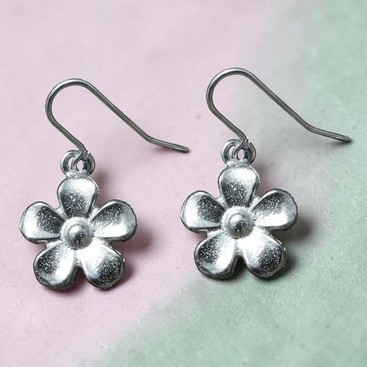 Daisy Flower Earrings, Handmade Pewter Drop Earrings, Polished Finish