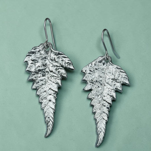 Fern Leaf Earrings, Handmade Pewter, 10th Wedding Anniversary Gift