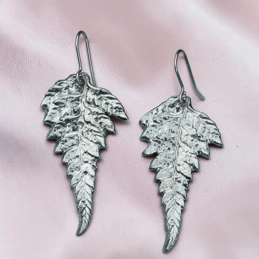 Fern Leaf Earrings, Handmade Pewter, 10th Wedding Anniversary Gift