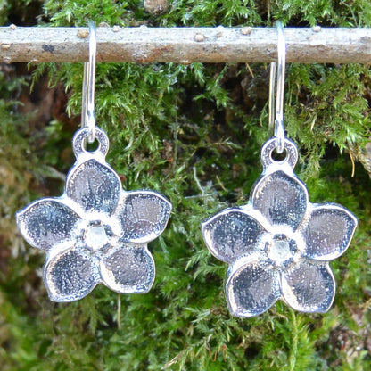 Forget Me Not Flower Earrings, Handmade Pewter Drop Earrings, Polished Finish