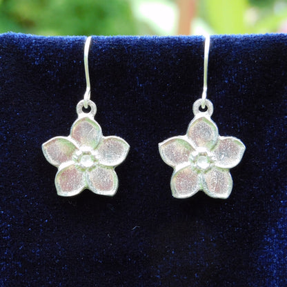 Forget Me Not Flower Earrings, Handmade Pewter Drop Earrings, Polished Finish