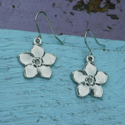 Forget Me Not Flower Earrings, Handmade Pewter Drop Earrings, Polished Finish