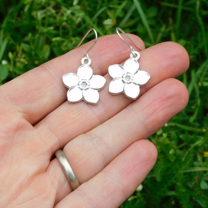 Forget Me Not Flower Earrings, Handmade Pewter Drop Earrings, Polished Finish