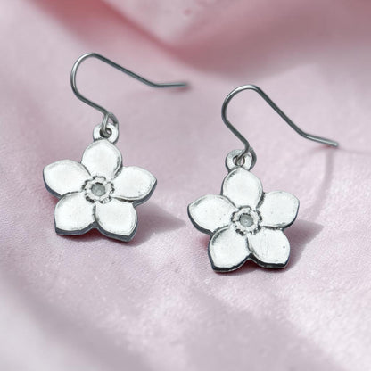 Forget Me Not Flower Earrings, Handmade Pewter Drop Earrings, Polished Finish