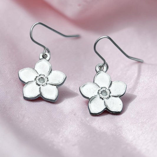 Forget Me Not Flower Earrings, Handmade Pewter Drop Earrings, Polished Finish