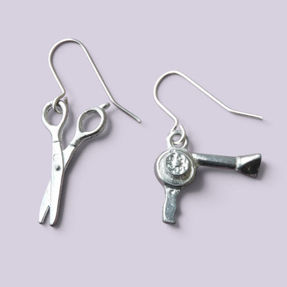 Hairdresser Earrings, Handmade Pewter Scissors and Hairdryer Drop Earrings
